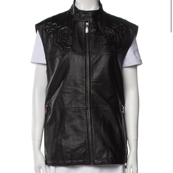 Versace jeans Black Leather Vest with Rose Embroidery size 12 - Picture 4 of 10